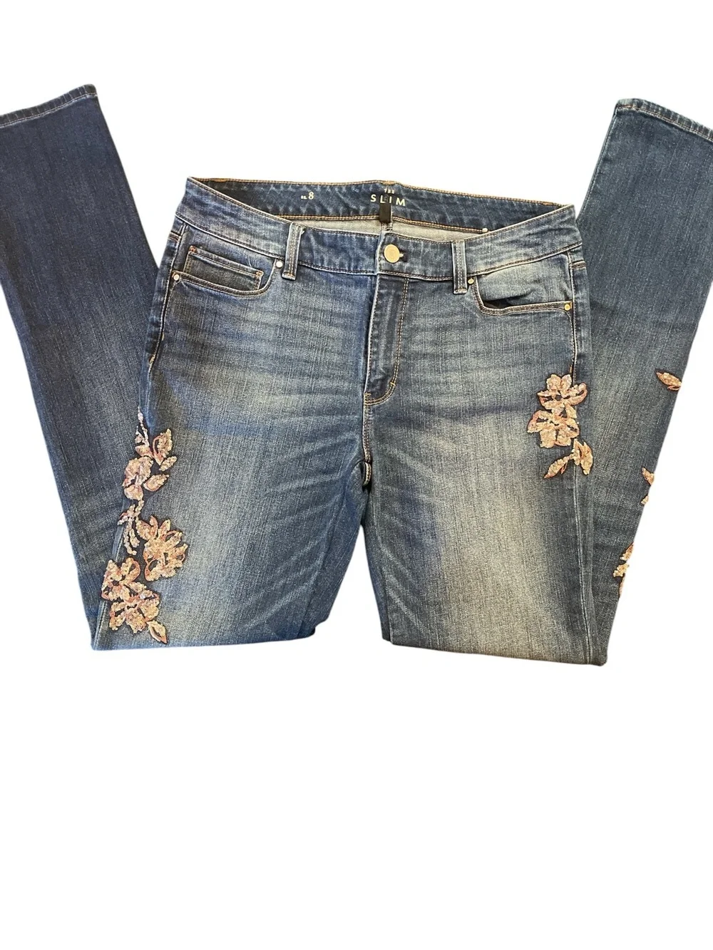 White House Black Market Blue Embroidered Skinny Jeans - Picture 2 of 5